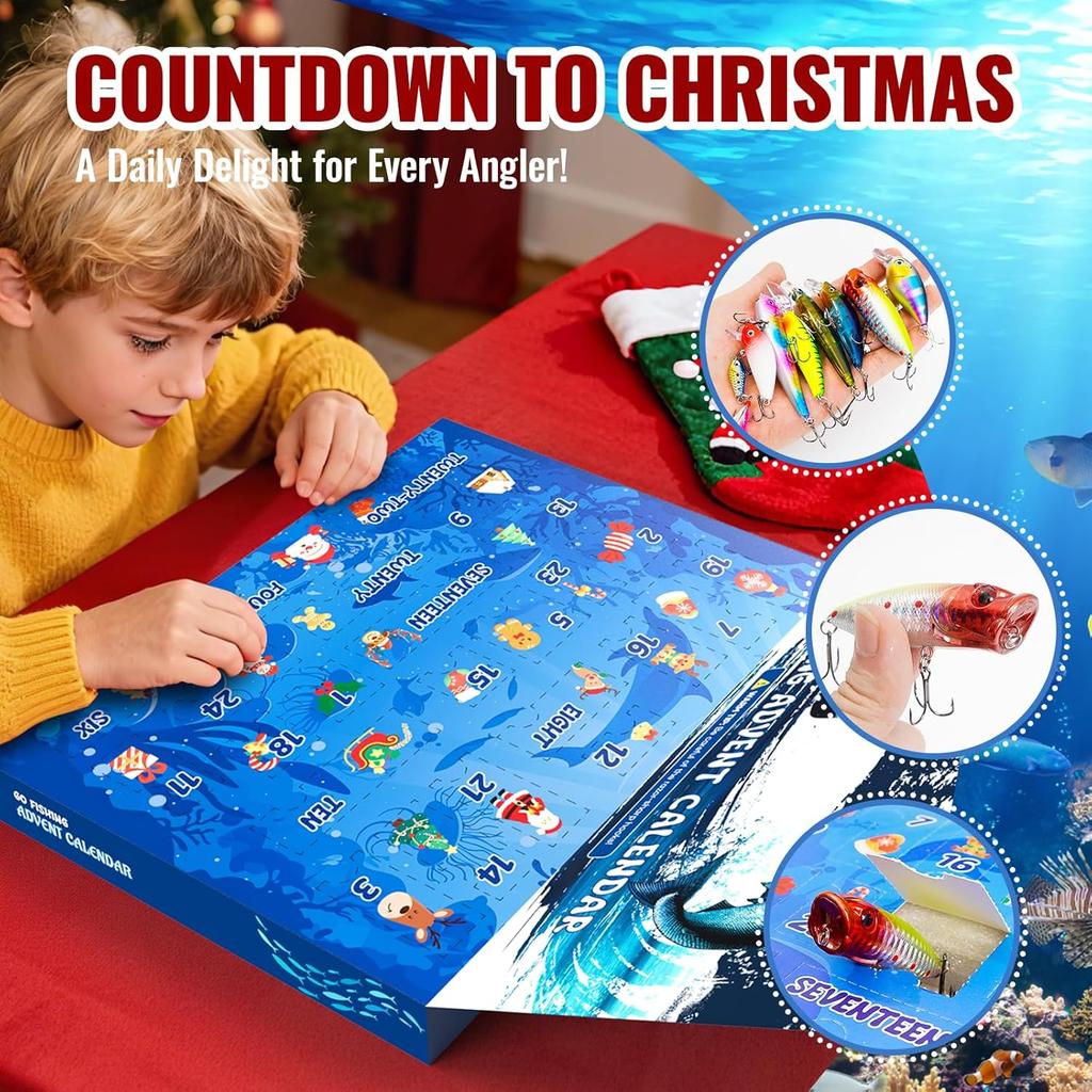 Fishing Advent Calendar 2025,24 Days Fishing Lure Advent Calendar Christmas Countdown Gift Advent Calendars Gifts for Adult Men Teen Boys
