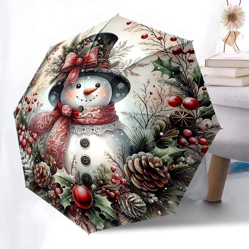

1pc Christmas Snowman Wreath with Holly Berries and Pine Cones, Auto Open Close Umbrella, Portable 3-Fold Design, 8-Bone Iron Frame Outdoor Umbrella,