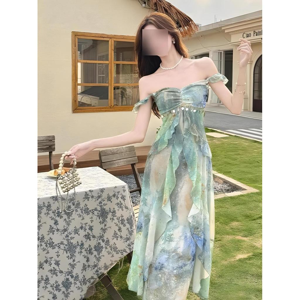 Dopamine Stunning Monet Garden Oil Painting Suspender Dress Women's Summer Seaside Vacation Unique Pinch Waist Tyndall Dress