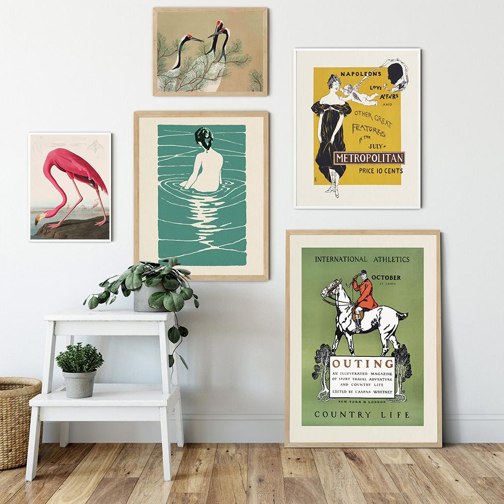 Wall Eclectic Colorful Print Maximalist Home Decor Ichijo Narumi Red Crane Bird Horse Riding Canvas Painting Poster Wall Picture
