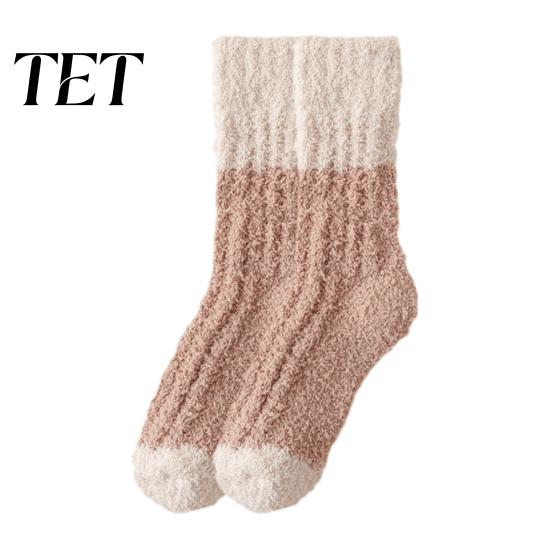 Heat Retaining Lounge Socks Thickened Long Plush for Women, Warm Coral Fleece Socks, Winter Home Foot Warmers Thermal Sleep Anti-static Contrast Color