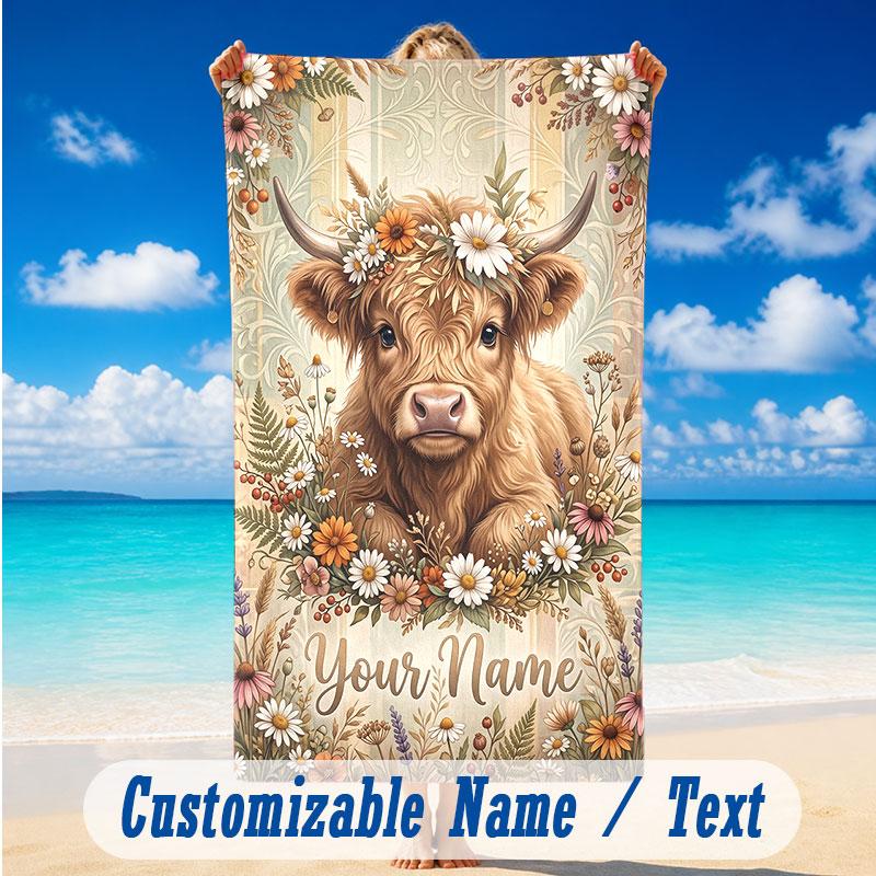 Cow Highland Theme Beach Towel Personalized Custom Name & Text Soft Quick Dry Beach Towel for Swimming Travel