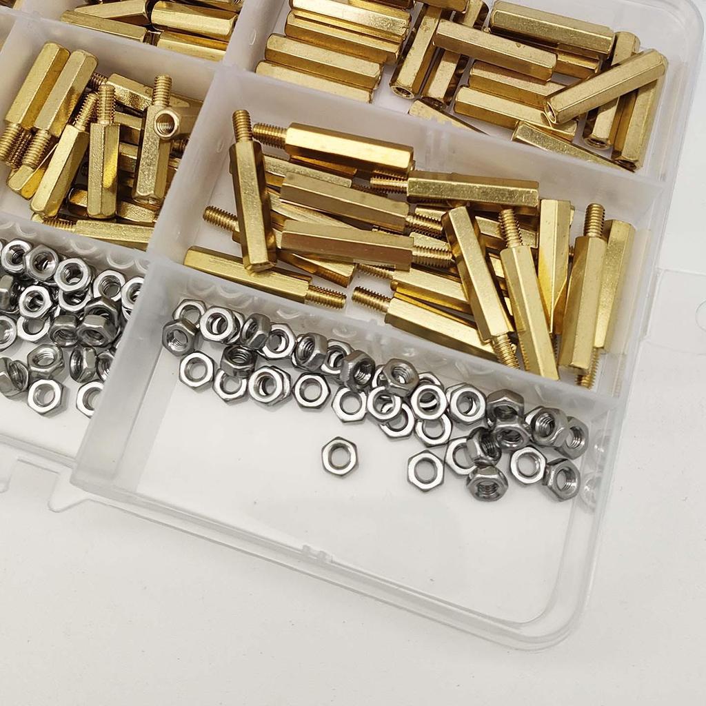 320pcs Boxed M3 Brass Hex Copper Pillars: Male-Female, 6-10mm, Inner/Outer Thread Support Posts