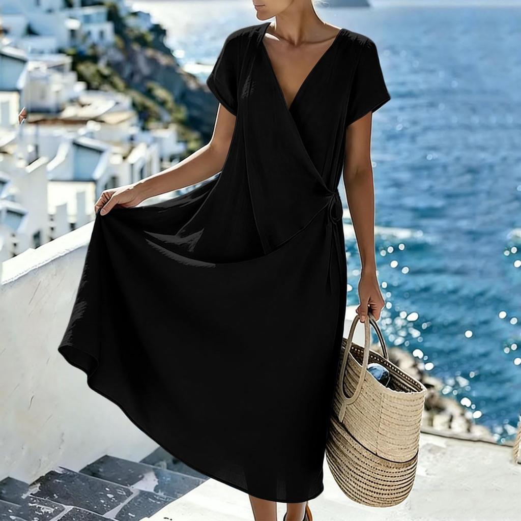 Women's Casual V Neck Loose Fit Short Sleeve Midi Dress Wrap Style Side Tie Waist Lightweight Summer Dress