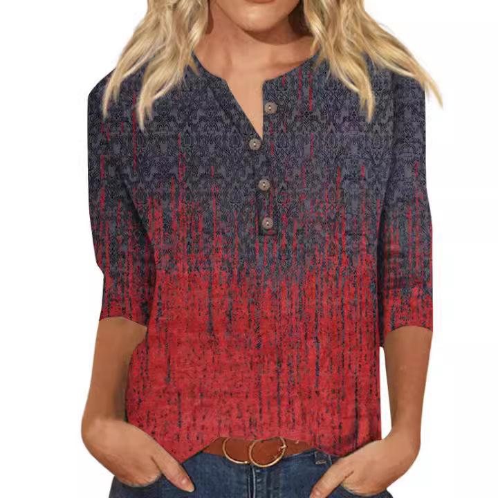 Button V-neck 3D Printed Top Fashionable Casual Long Sleeved Women's T-shirts