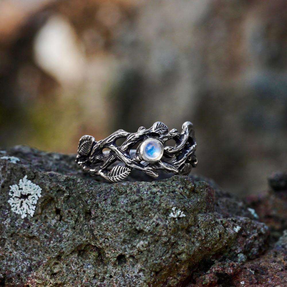 WOSIKATE Vintage Creative Branch Thai CopperRing For Women Fashion Jewellery With Synthetic Moonstone Thai CopperLeaf Ring