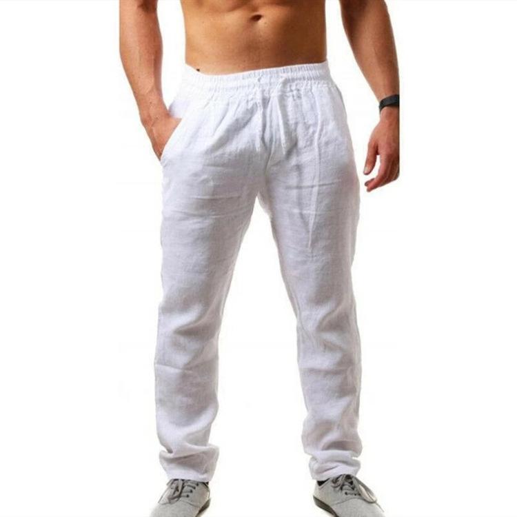Summer Men's Hip Hop Breathable Cotton Linen Loose Casual Sports Solid Color Elastic Tether Trousers