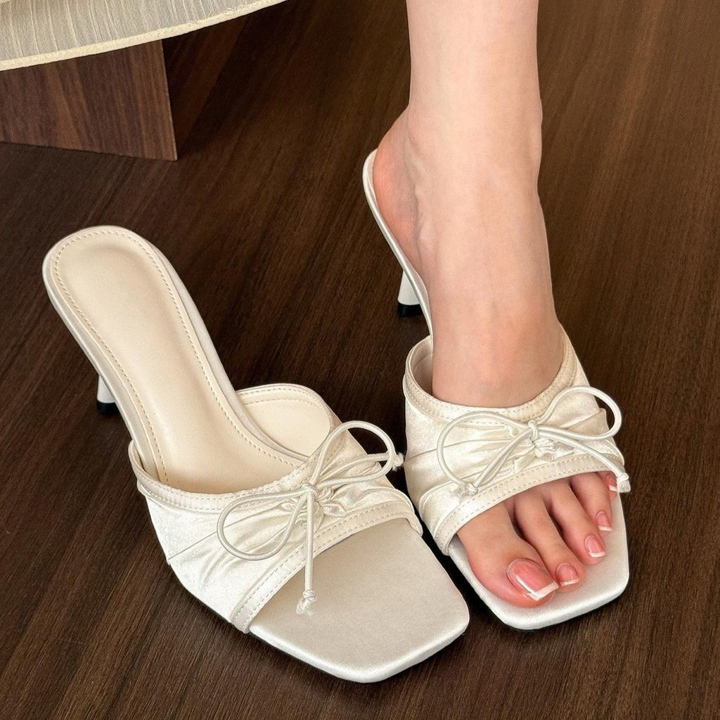 Women's Shoes Summer Square Toe High Heel Slipper Fashion French High Heel Sandals for Women Peep Toe Butterfly-knot Dress Slide