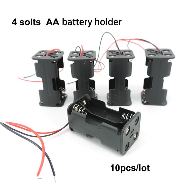 10pcs 4 Solts AA Battery Holder 6V 1.5V for AA Batteries Black Plastic Storage Box Case Dual Layers with 2pin Cable Connector