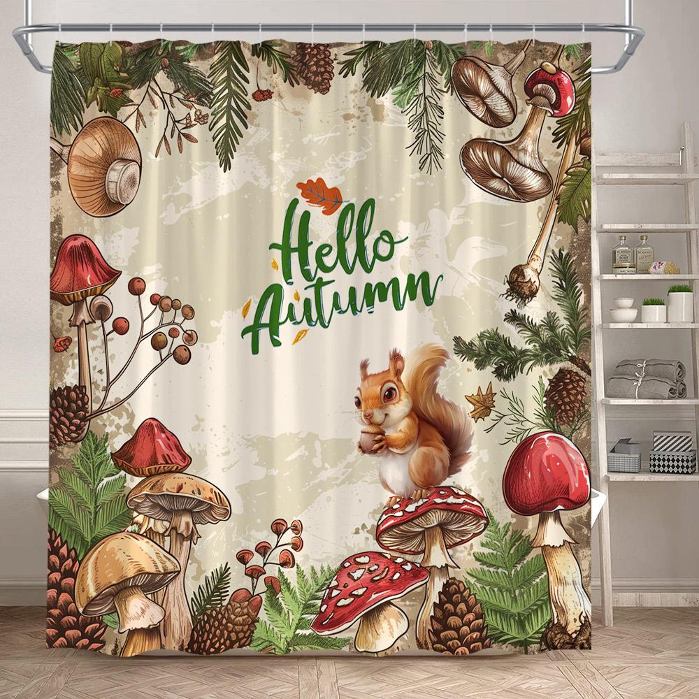 Autumn Mushroom Shower Curtains Cartoon Animals Squirrel Deer Pumpkin Sunflower Plants Bath Curtain For Bathroom Decor Polyester