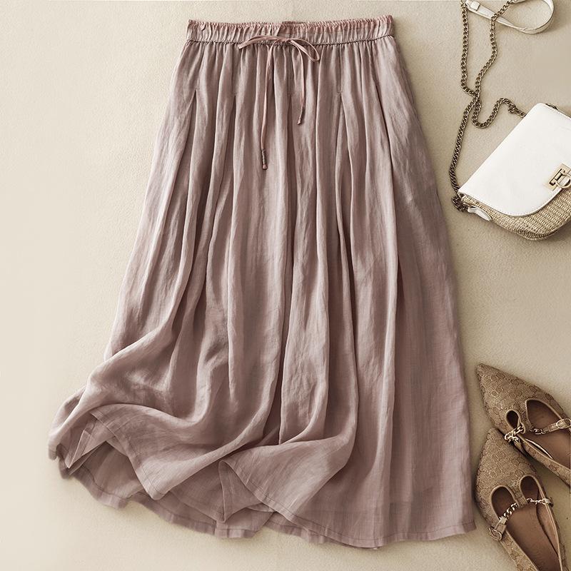 

Реальное лето новая хлопково-льняная литературная свободная повседневная драпирующаяся средней длины двухслойная юбка с высокой талией L