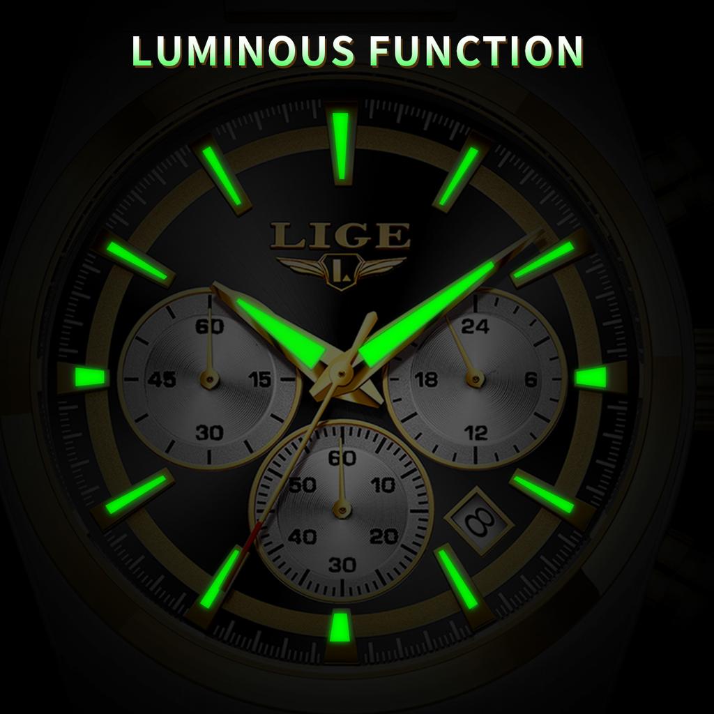 LIGE Chronograph Man Watch Fashion Business Quartz Wristwatches Waterproof Stainless Steel Luminous Auto Date Mens Watches