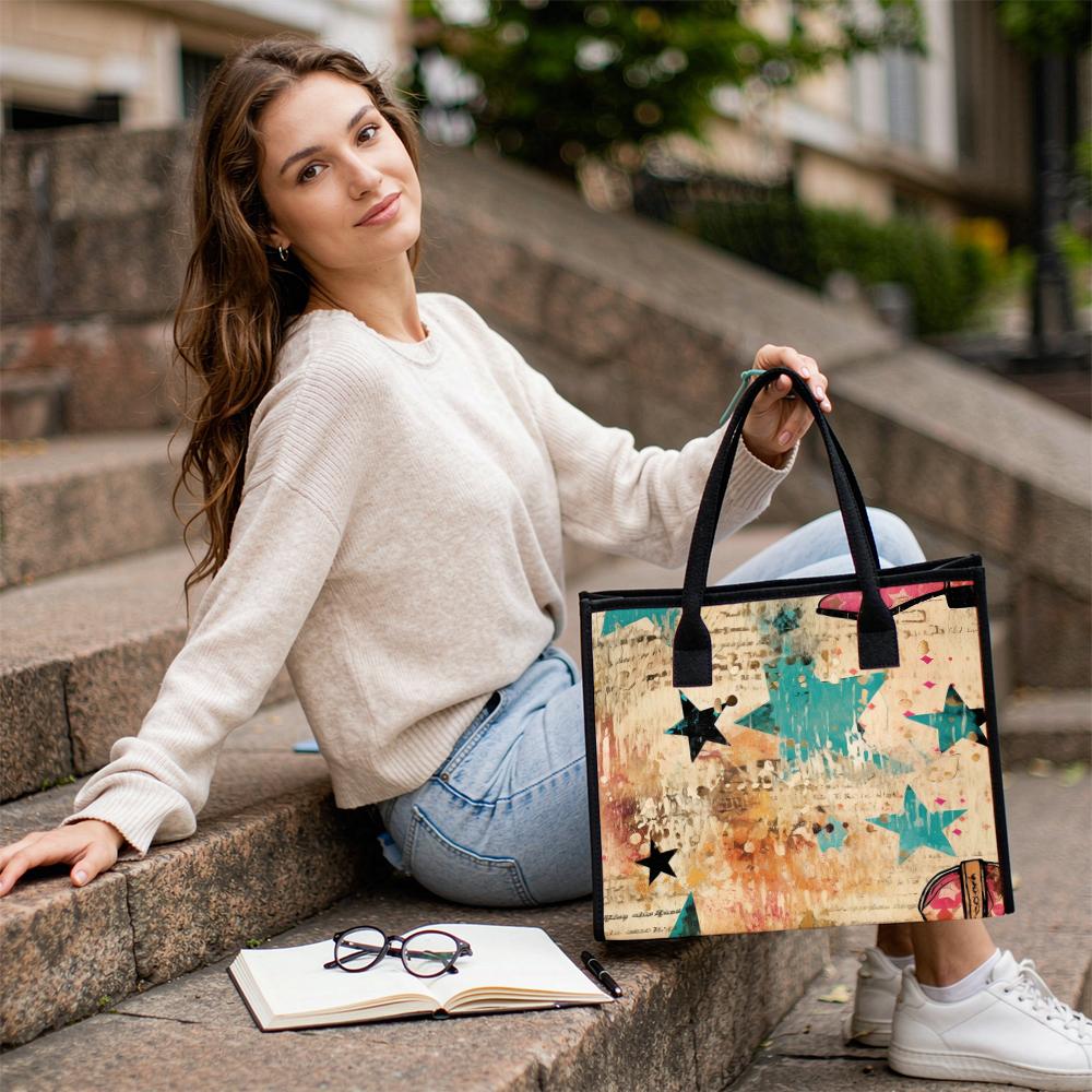 Retro Star Printed Tote Bag Large Capacity Casual Daily Shoulder Handbag for Women Outdoor Commuting