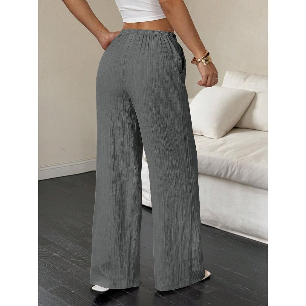 New Women's Casual Solid Color Textured Fabric Knotted Waist Slanted Pocket Wide Leg Pants
