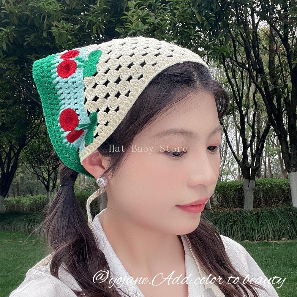 Pastoral Süß Kirsche Gestrickt Dreieck Schal Kopftuch Damen Haar Accessoires Meeresreise Tasche Kopfgebundenes Haarband