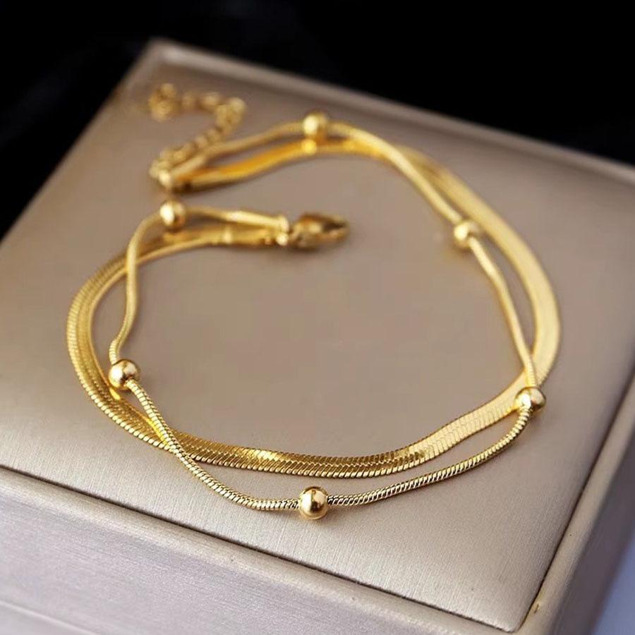Fashionable Beaded Double-Layer Titanium Anklet for Girls, Colorfast and Versatile, Unique Design золотой