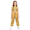Mädchen Jazz Dance Crop Top Stehkragen Ärmellos Verdeckter Reißverschluss Hinten Pailletten Metallisches Patchwork Rüschen mit Glänzender Hose für Bühnenauftritt