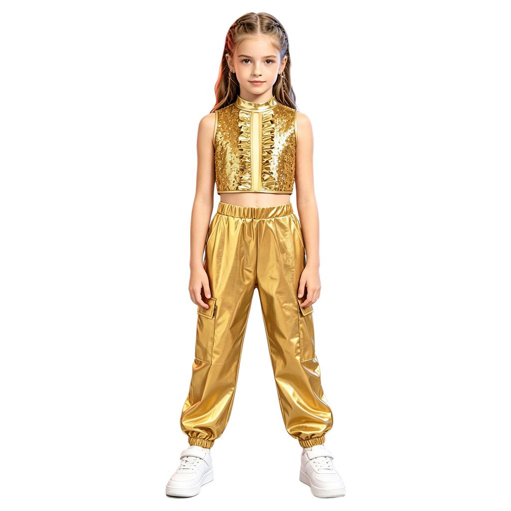 Mädchen Jazz Dance Crop Top Stehkragen Ärmellos Verdeckter Reißverschluss Hinten Pailletten Metallisches Patchwork Rüschen mit Glänzender Hose für Bühnenauftritt