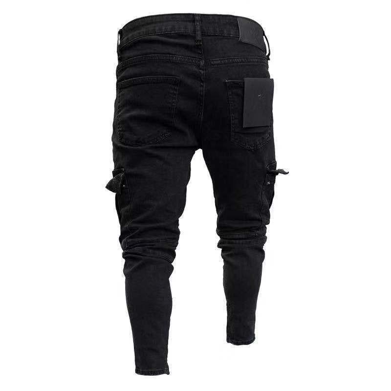 Stretch Men's Jeans Trendy Knee Hole Zip Calf Trousers