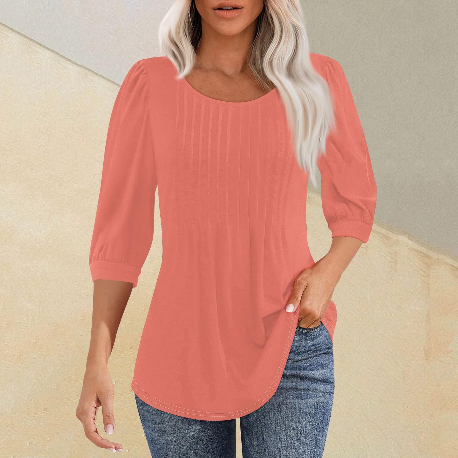 

Женская мода плиссированная футболка с круглым вырезом и семью рукавами, повседневный однотонный топ S