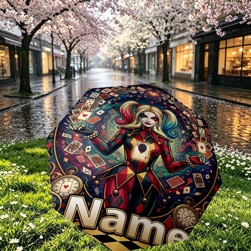 Custom Name Personalized Harley Quinn Print Umbrella, Auto Open Close, 8‑Rib Sturdy Frame, Commute Camping Hiking Use, Birthday Gift