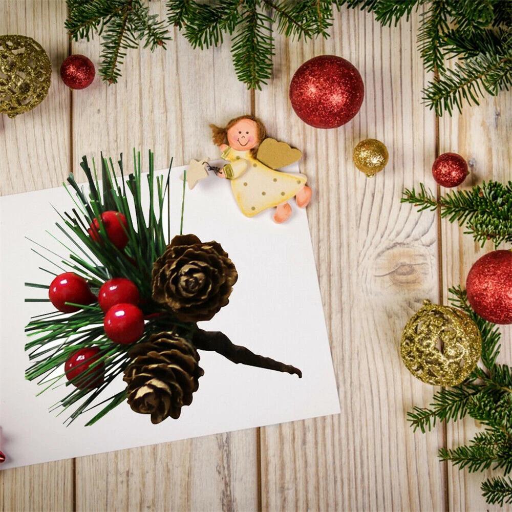 5pcs Christmas Artificial Pinecone Red Berry Stem Home Party Decor Simulation Pine Cone for Christmas Tree Pendant Decorations