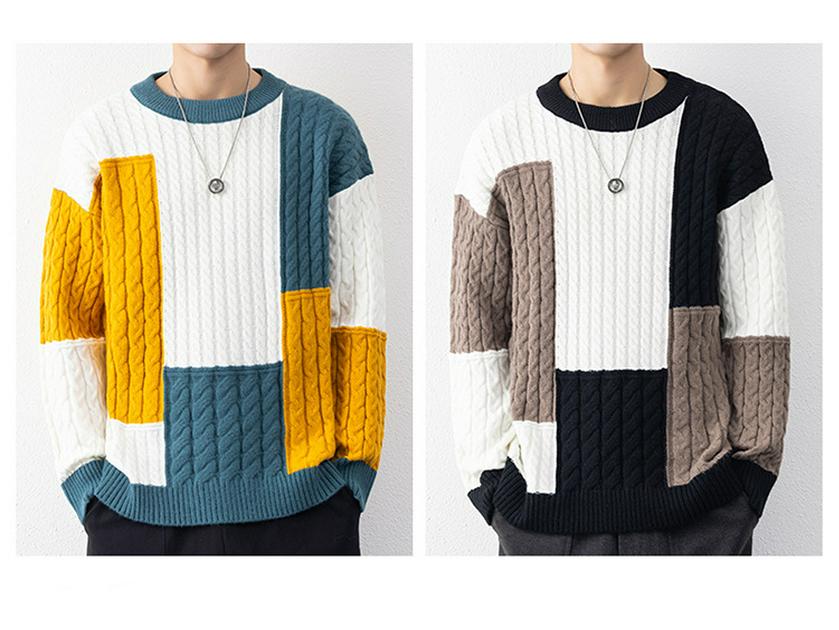Men's Retro Color Block Slim Fit Sweater - Youthful Lazy Style Round Neck Knitwear Top for Autumn and Winter