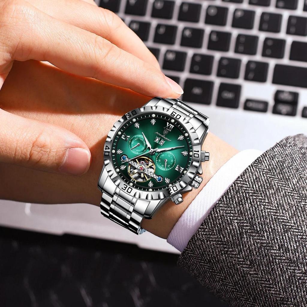 POEDAGAR Top Luxus Herrenuhr Automatisch Datum Woche Herren Armbanduhr Hohl Tourbillon Mechanisch Edelstahl Herrenuhr