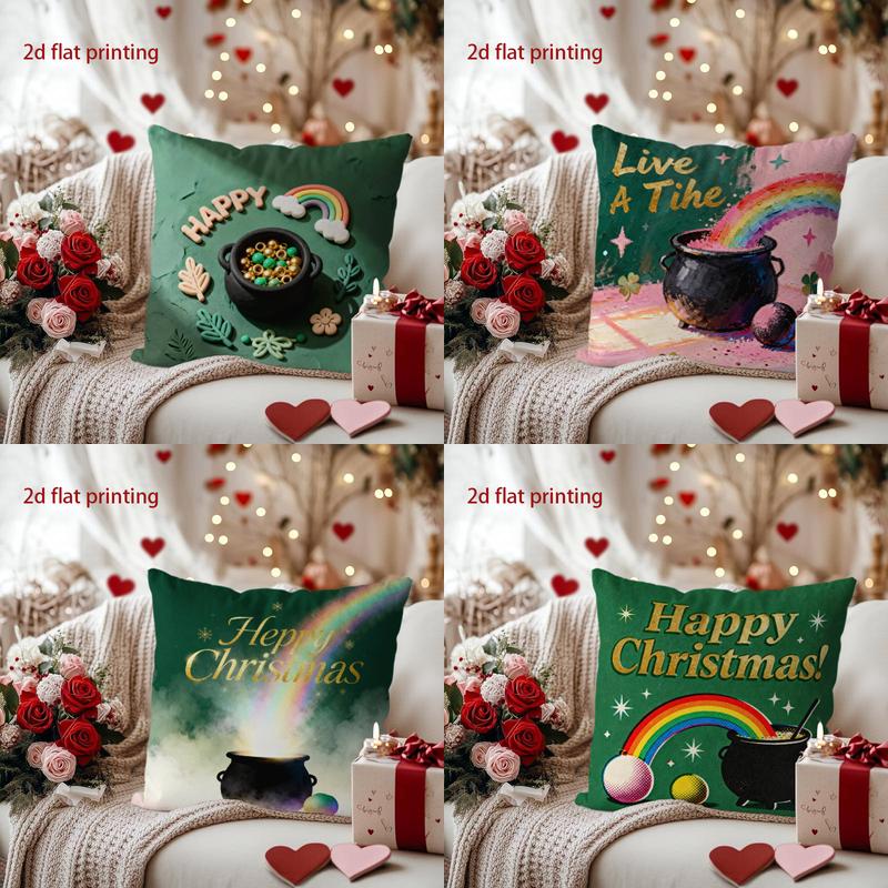 Happy Pot of Gold Rainbow Pillow for Festive Decor Pattern Cushion Cover Suitable for Sofa Bedroom Car Pillow Cover
