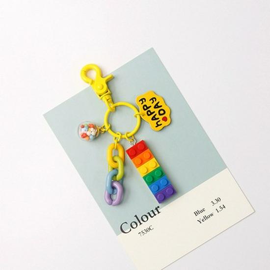 Adorable Rainbow Building Blocks Bell Keychain - Pink Cartoon Gift Decoration