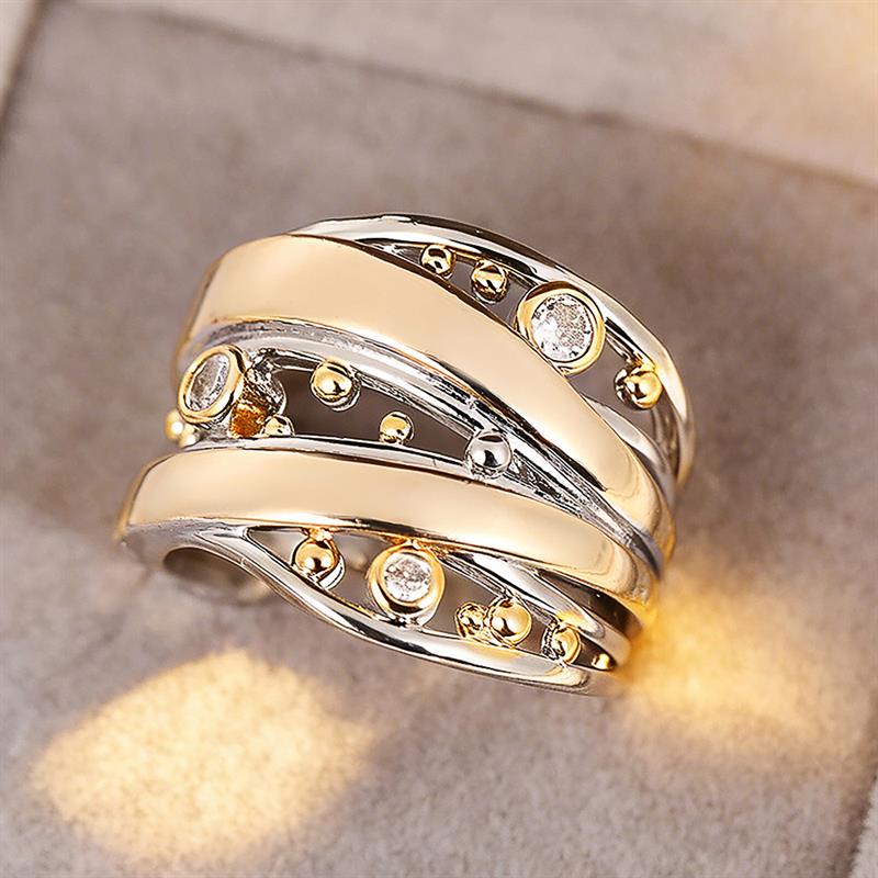 Huitan Geometric Design Women Two Tone Ring Inlaid Shining Cubic Zirconia Hollow Party Daily Special Style Accessories Jewelry