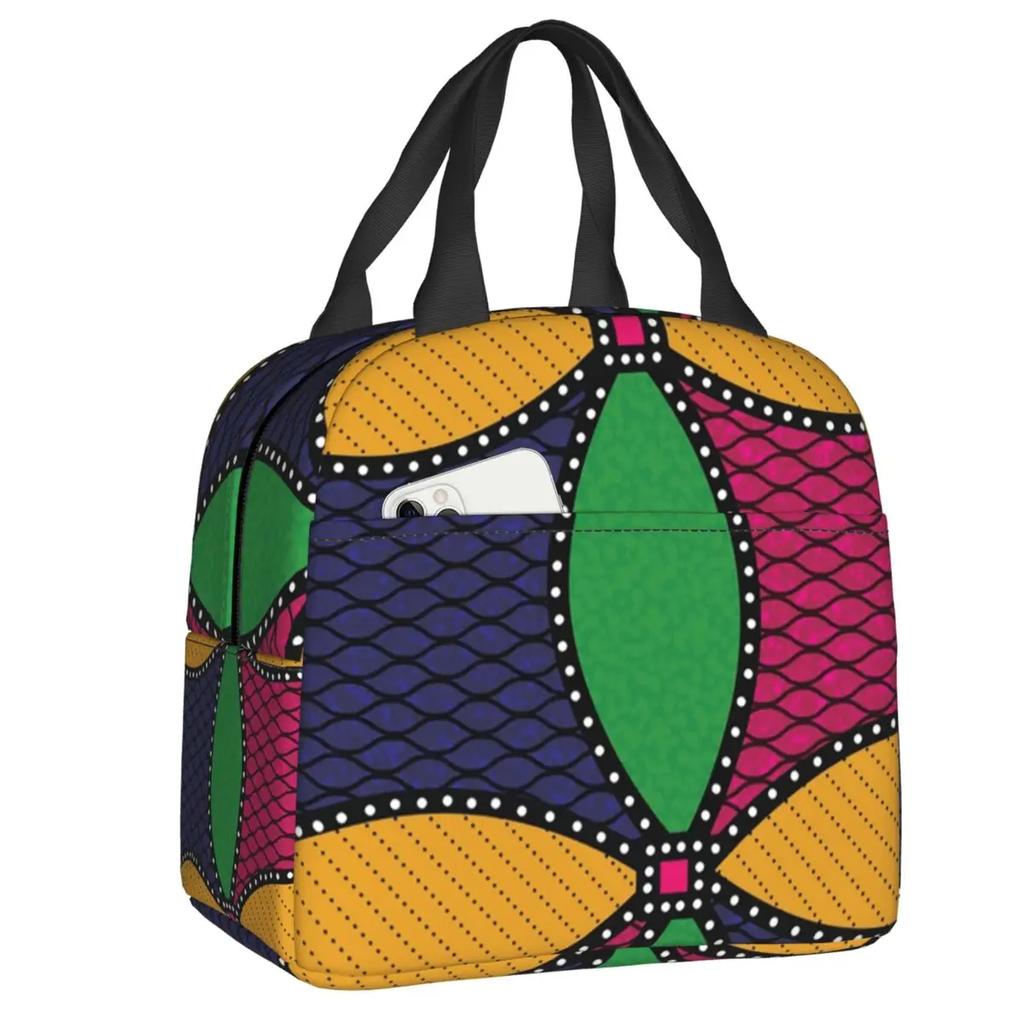 African Tribal Ankara Fabric Style Pink Thermal Insulated Lunch Bags Women Geometric Ethnic Art Portable Lunch Tote Food Box