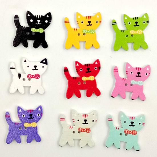 50 Pcs Mixed Color Cute Cat Kitten 2Holes Wood Sewing Buttons