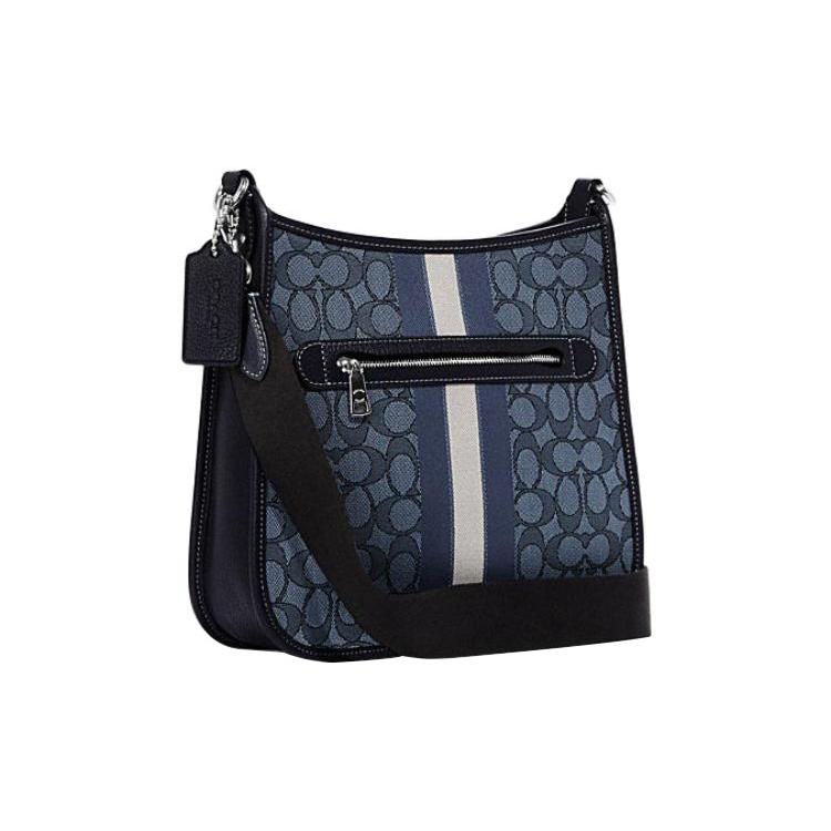 New COACH Dempsey Fabric With Cow Leather Shoulder Bag, Crossbody Bag Large Size Women's Blue CA195-SVVGD