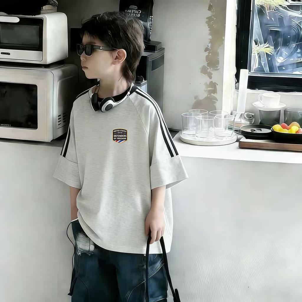 Boys Summer Cotton Loose Short Sleeve T Shirt Cool Three Stripe Kids Half Sleeve Top