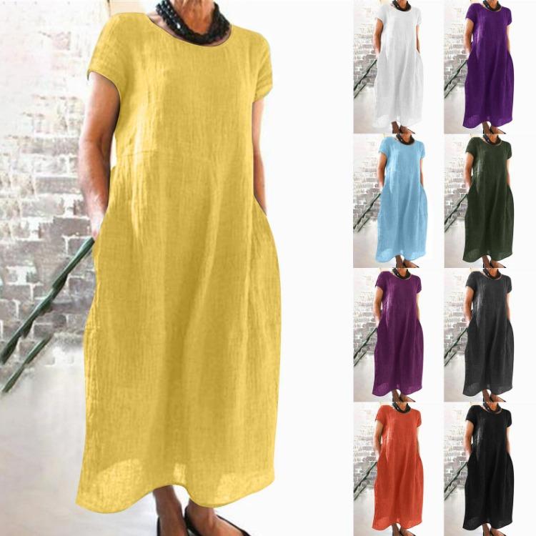 Women Summer Casual Loose Cotton Linen Dress Short Sleeve Solid Color O Neck Pocket Stitching Comfortable