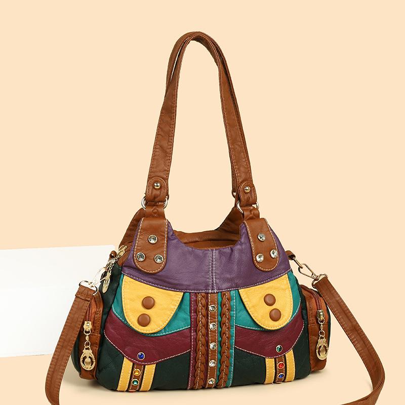 Colorful PU Leather Handbag for Women – Boho-Style Patchwork Design with Braided Details and Adjustable Strap, Perfect for Casual Wear
