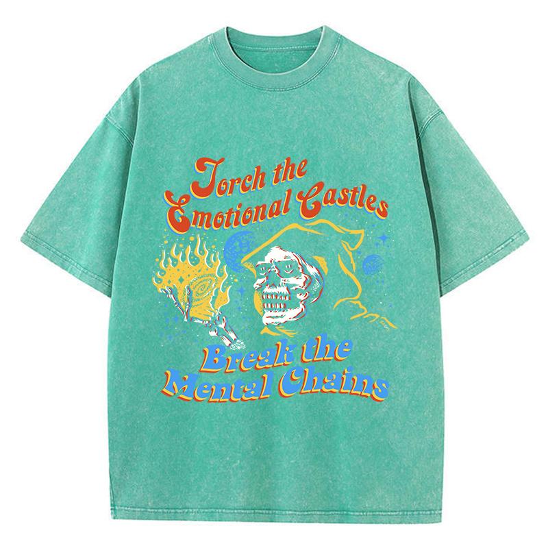 Street Women Washed T-Shirts Skeleton Witch Vintage Printed Tee Shirts Comfortable Cotton Oversize Tees Summer Clothes