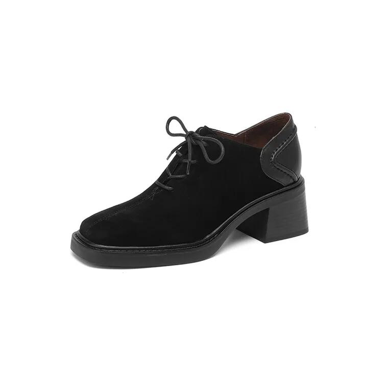 Fashion New Spring Autumn Sheep Suede Lace Women Loafers Square Toe Chunky Heel Shoes Comfort Women Pumps Shoes for Women High Heels