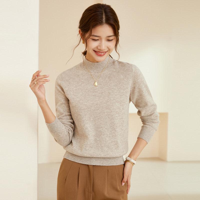 Women's Pure Wool Half-High Neck Knit Sweater - Solid Color, Warm Autumn/Winter Pullover