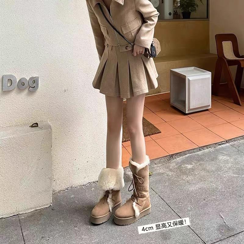 Warm to the heart~ New autumn and winter heightened thick-soled thickened warm cotton boots lace-up straps medium tube snow boots women