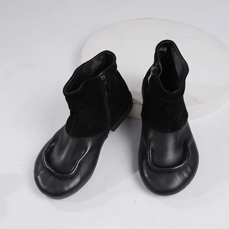 Johnature Botas de otoño/invierno, botas cortas de piel auténtica, zapatos retro de suela blanda y cómodos para mujer