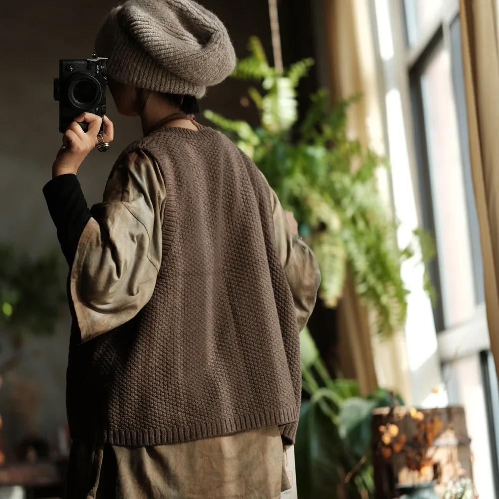 Johnature Dámské pletené jednobarevné knoflíkové jarní bez rukávů kávové měkké vintage svetry kabáty