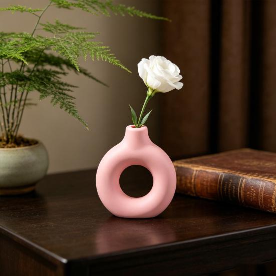 Donut Shaped Vase Decorative Vase Ceramic-Like Plastic Flower Holder for Living Room Decor, Creative Centerpiece for Fresh/Dry Flowers