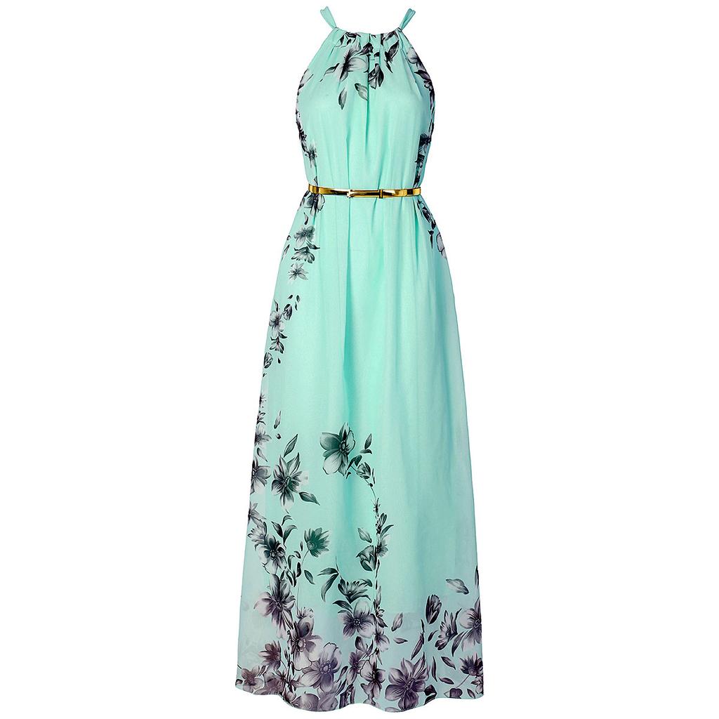 Blommönster Halter Chiffong Lång Klänning Dam Klänningar Sexig Casual Beach Dress