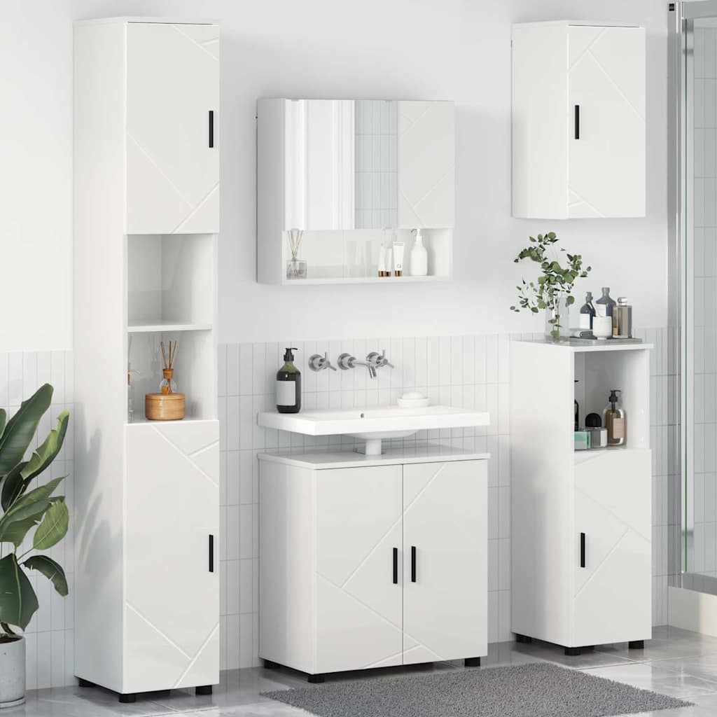 Bathroom Furniture Set 5 Pcs High Gloss White Particleboard & Metal