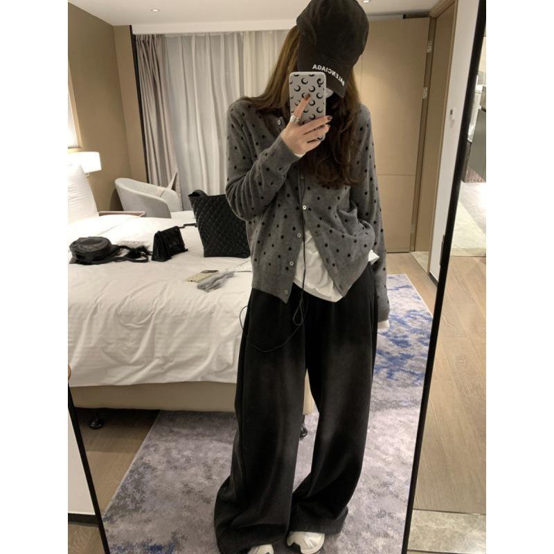 Women's Gray Polka Dot Knit Cardigan - 2024 Slim Fit with Layered Design