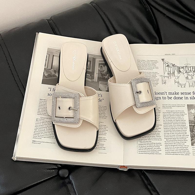 

Модные универсальные сандалии однотонные со стразами квадратная пряжка шлепанцы на одном ремешке женская летняя модная обувь танкетка пляжные крутые шлепанцы 40 бежевый