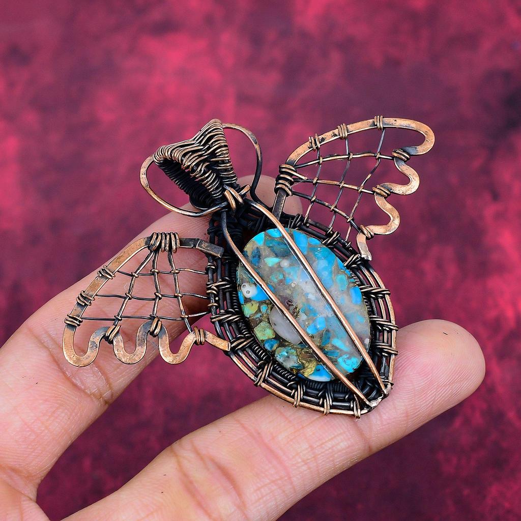 Copper Chrysocolla Pendant Copper Wire Wrapped Butterfly Pendant Gemstone Jewelry