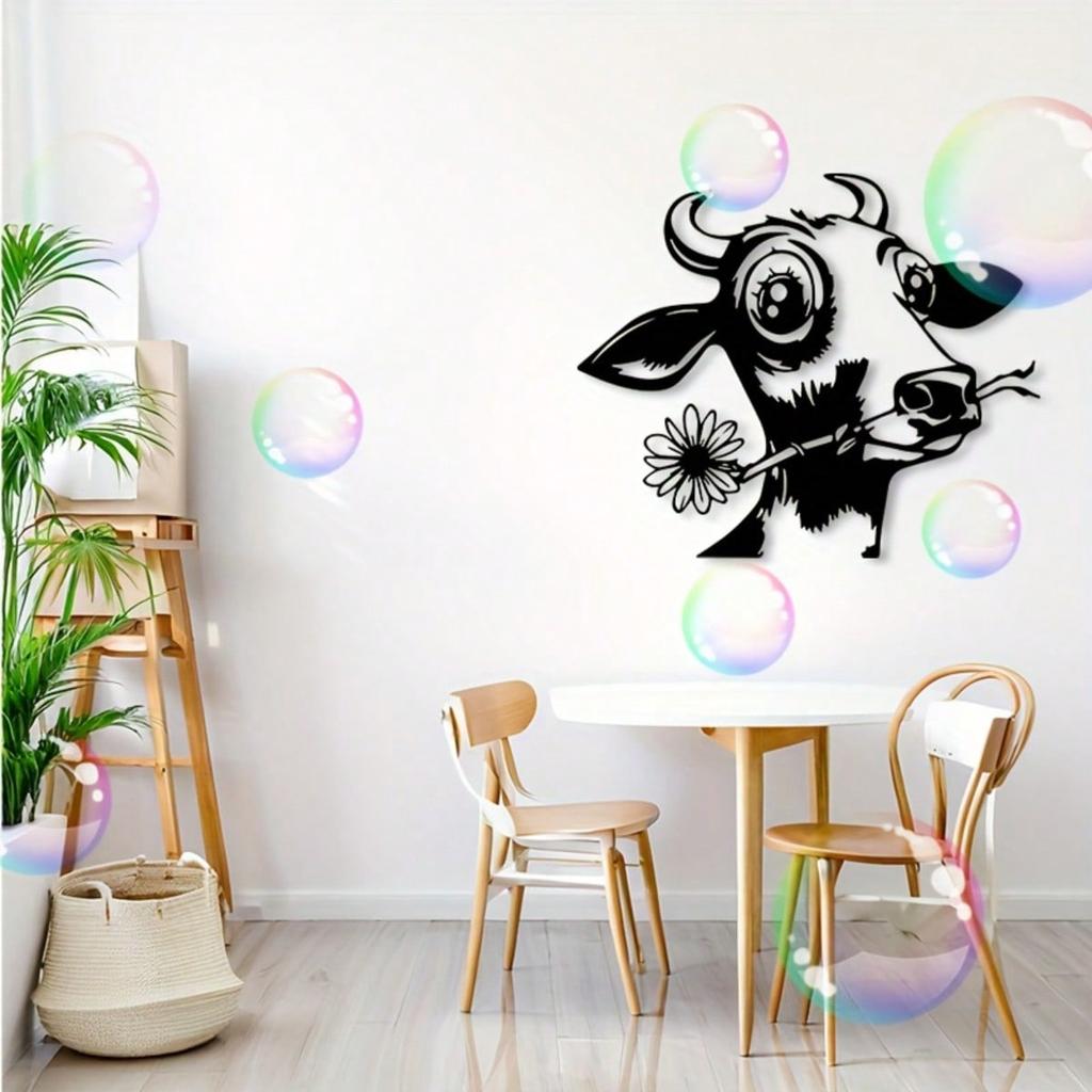 1PC 2D Flat Floral Cow Metal Wall Art Black Silhouette Plaque Farmhouse Decor for Living Room Bedroom Kitchen